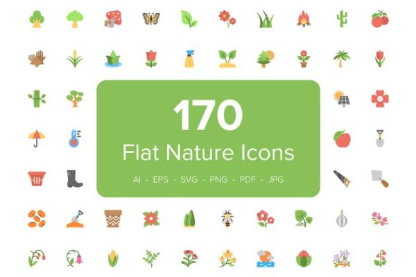 170个扁平化大自然植物彩色图标 170 Flat Nature Icons