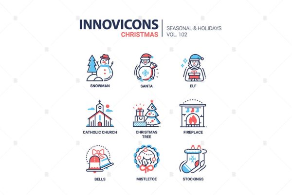 圣诞符号扁平设计风格线性图标素材v1 Christmas symbols line design style icons set