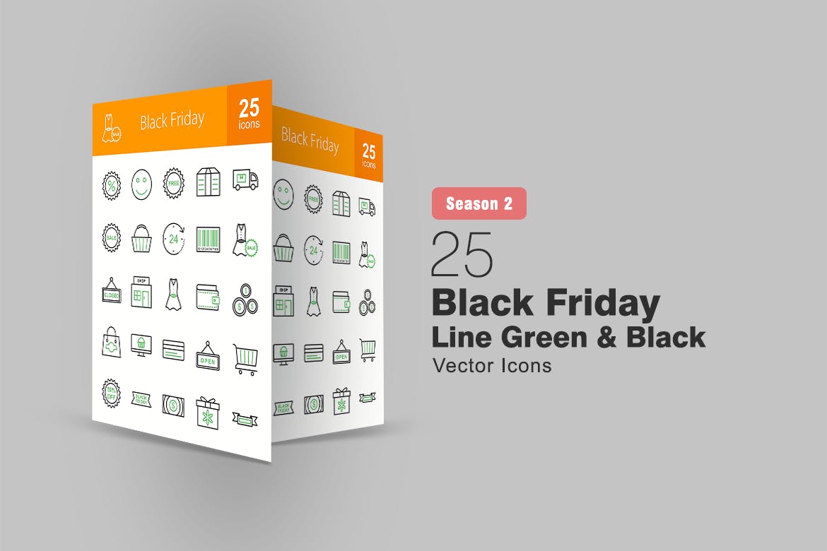 25枚黑色星期五主题绿黑色线性素材库精选图标 25 Black Friday Line Green & Black Icons插图