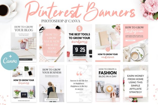 10款粉色主题Pinterest社交贴图广告设计模板素材库精选v2 Canva Pinterest Templates V.2