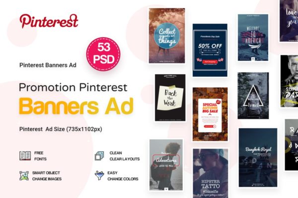 53个Pinterest社交媒体Banner素材库精选广告模板 Pinterest Pack Banners Ad – 53 PSD