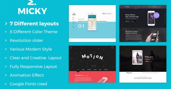 APP应用产品官网设计HTML模板素材库精选下载 Micky – App showcase Template