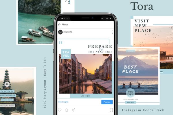 旅行文化主题Instagram信息流贴图设计模板素材库精选 Tora – Instagram Feeds Pack