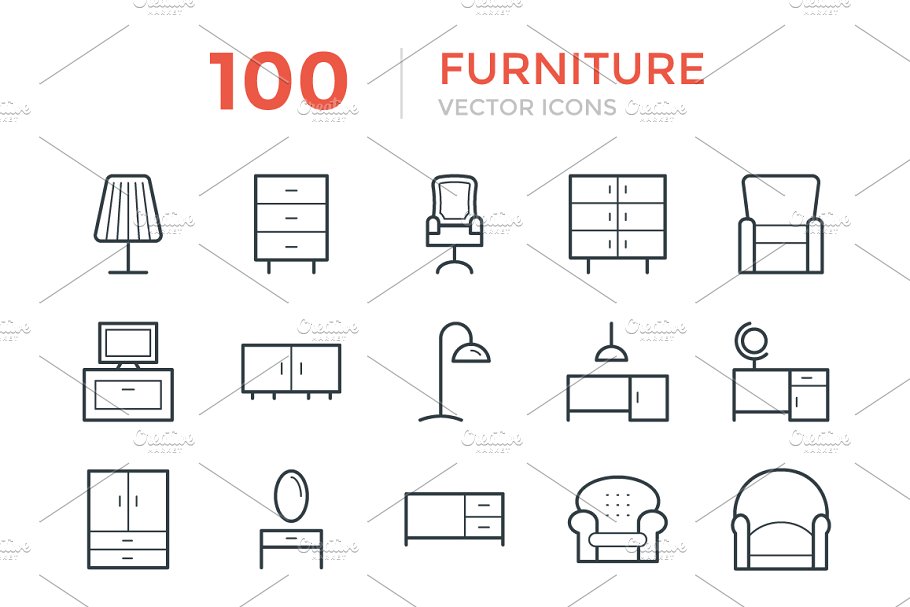 100个家居家具矢量线条图标 100 Furniture Vector Icons插图