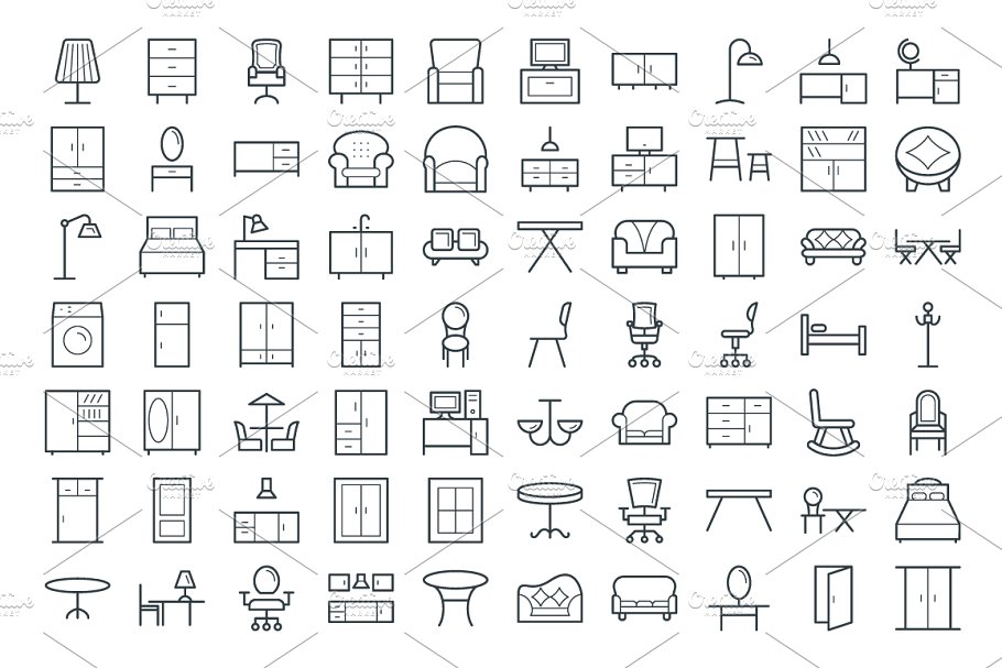 100个家居家具矢量线条图标 100 Furniture Vector Icons插图(1)
