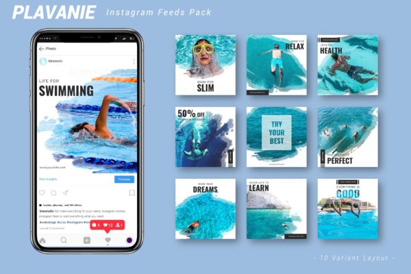 墨水印迹图形Instagram信息流贴图模板素材库精选 Plavanie – Instagram Feeds Pack