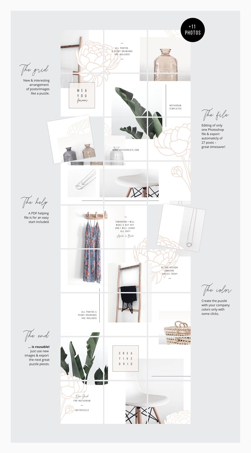Instagram社交平台拼图设计风格贴图模板素材库精选 Peony Instagram Puzzle Template + 11 Photos插图(3)