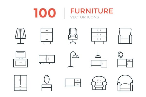 100个家居家具矢量线条图标 100 Furniture Vector Icons