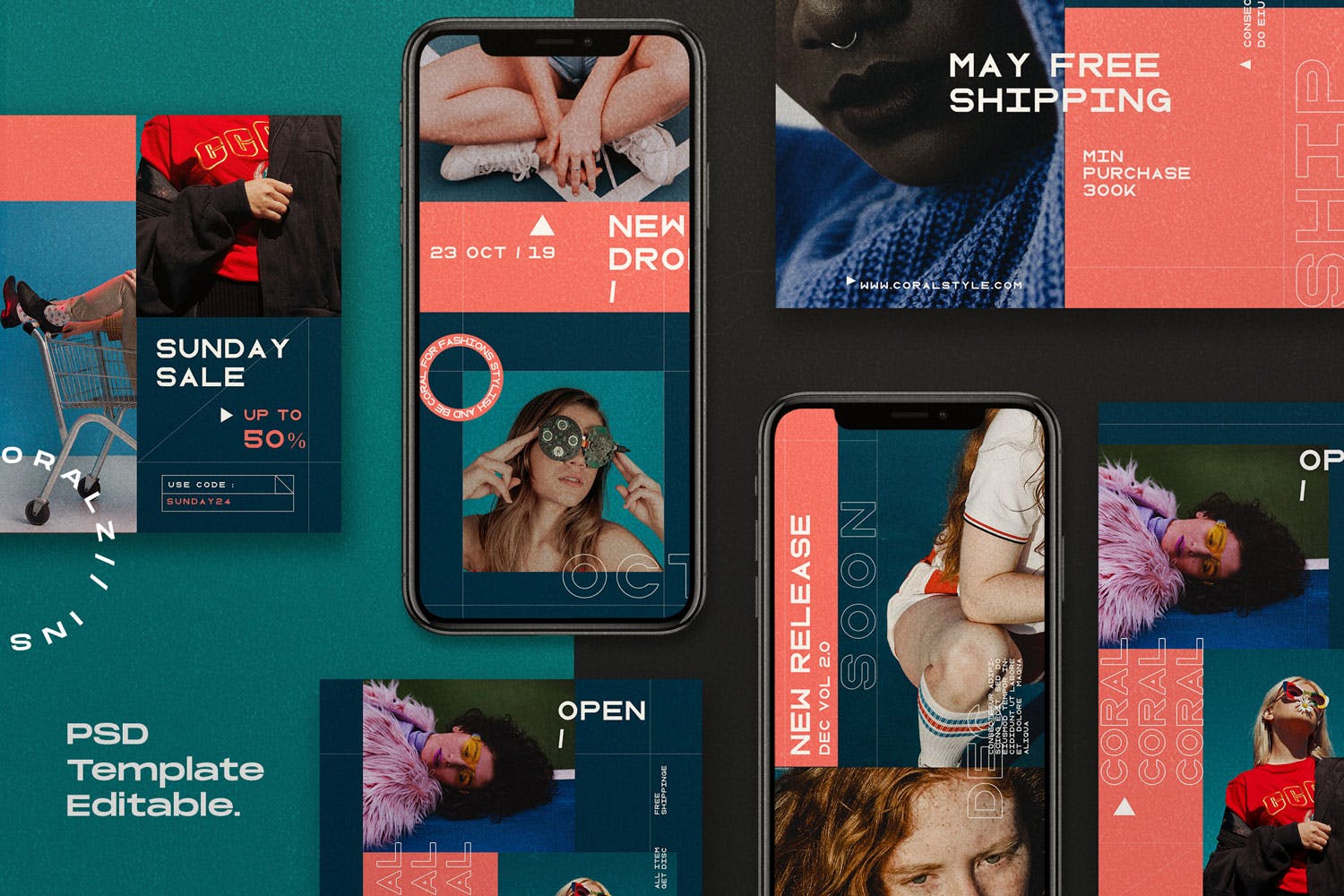 社交媒体品牌故事推广设计素材 CORALZ – Social Media Template + Stories插图(1)