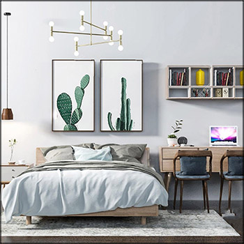 北欧实木双人床吊灯写字台层板摆件素材之家精选3D模型