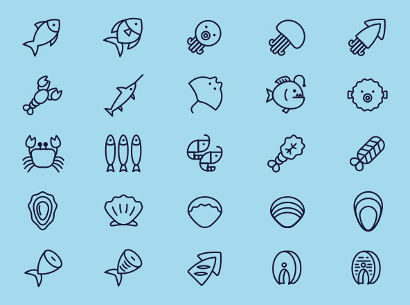 25枚海鲜美食矢量线性素材库精选图标 25 Vector Line Seafood Icons