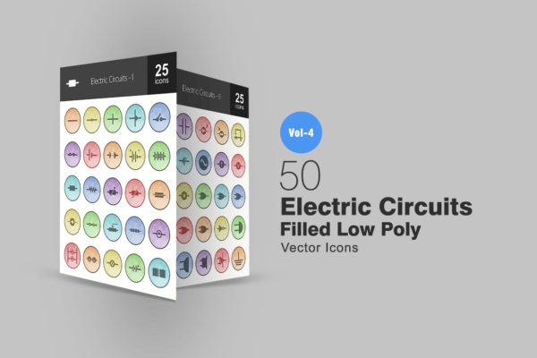 50枚电路线路板主题多边形填充色圆形素材库精选图标 50 Electric Circuits Filled Low Poly Icons