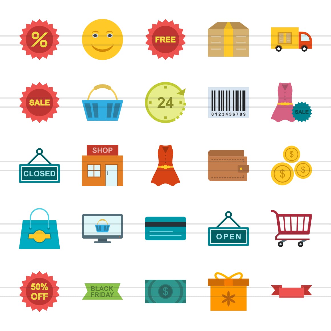 25枚黑色星期五主题扁平设计风格多彩素材库精选图标 25 Black Friday Flat Multicolor Icons插图(1)