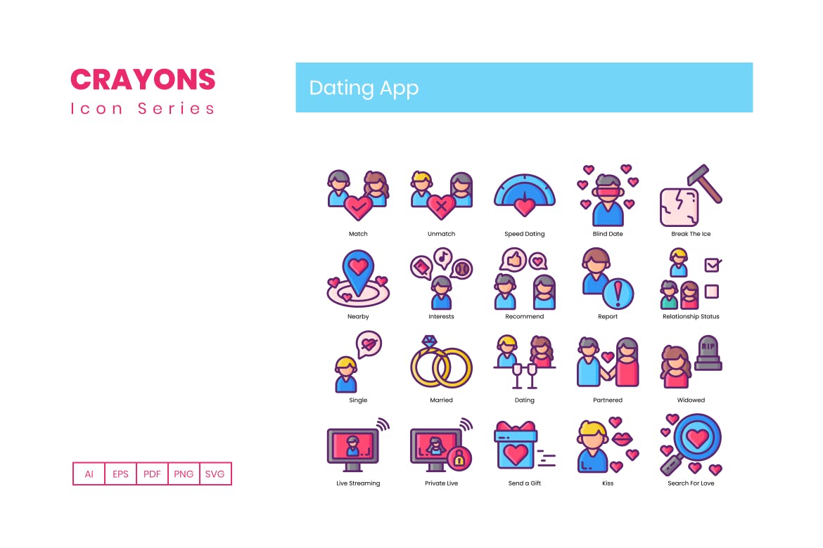 60枚约会主题APP矢量素材库精选图标-蜡笔系列 60 Dating App Icons – Crayon Series插图(2)