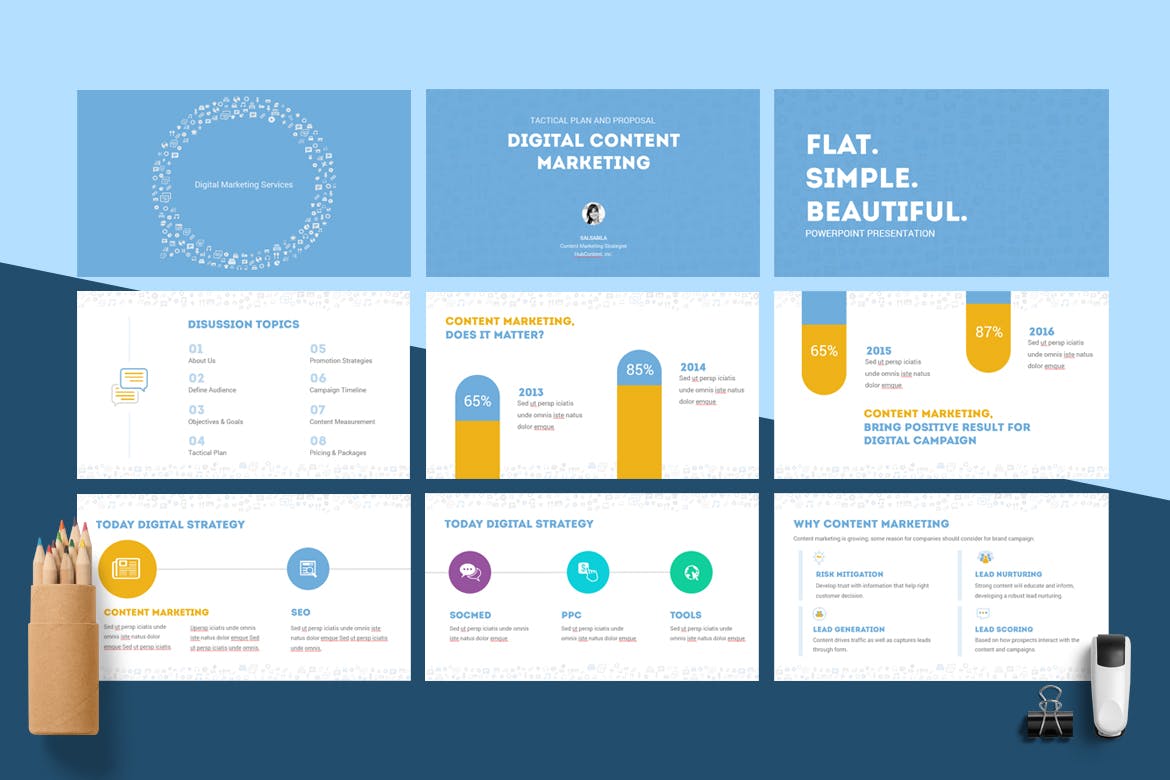 时尚清新简约内容营销演示powerpoint幻灯片演示模板（pptx）插图(1)