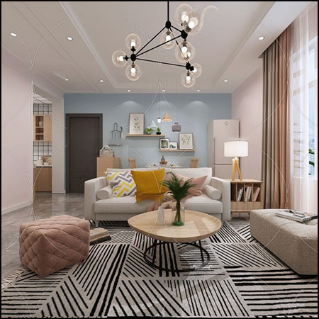 北欧客厅餐厅和厨房3d模型