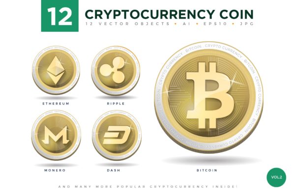12枚加密货币主题硬币形状矢量素材库精选图标合集v2 12 Crypto Currency Coin Vector Illustration Set 2