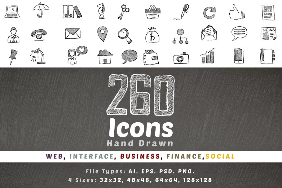 260枚铅笔手绘图标集 260 Hand Drawn Icons插图