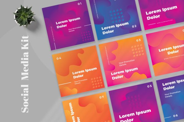 渐变色创意几何图形社交推广设计素材包 Six – Gradient Social Media Kit