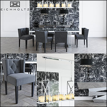 餐桌餐椅台灯和大理石墙面装饰套装素材之家精选3D模型