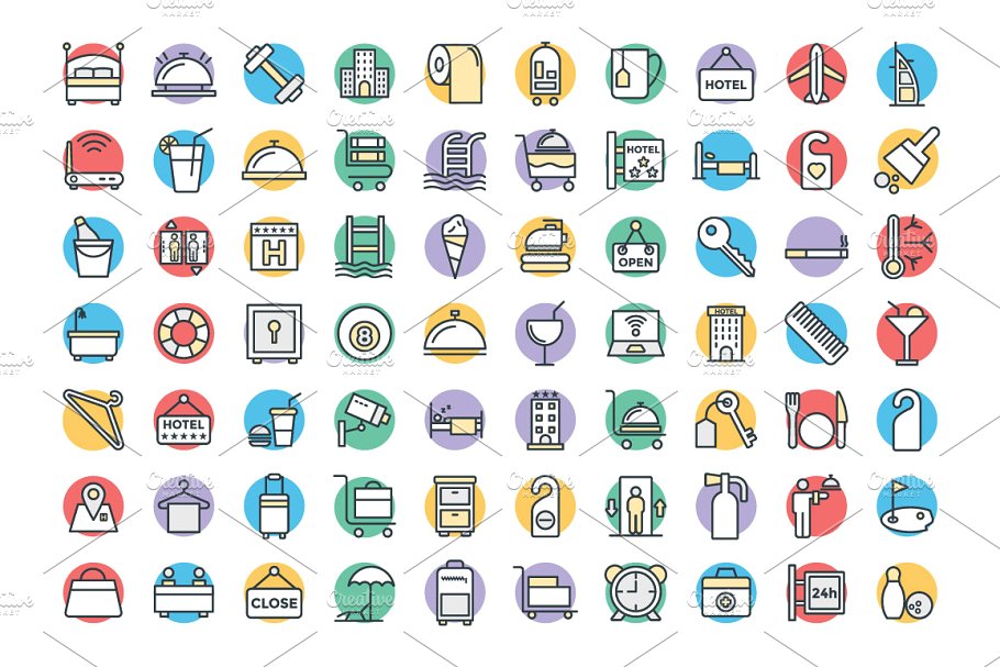 125+饭馆酒店专题粗线条彩绘图标 125+ Hotel and Restaurant Icons插图(1)