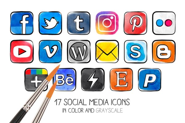 17种水彩效果社交媒体图标 Watercolor effect social media icons