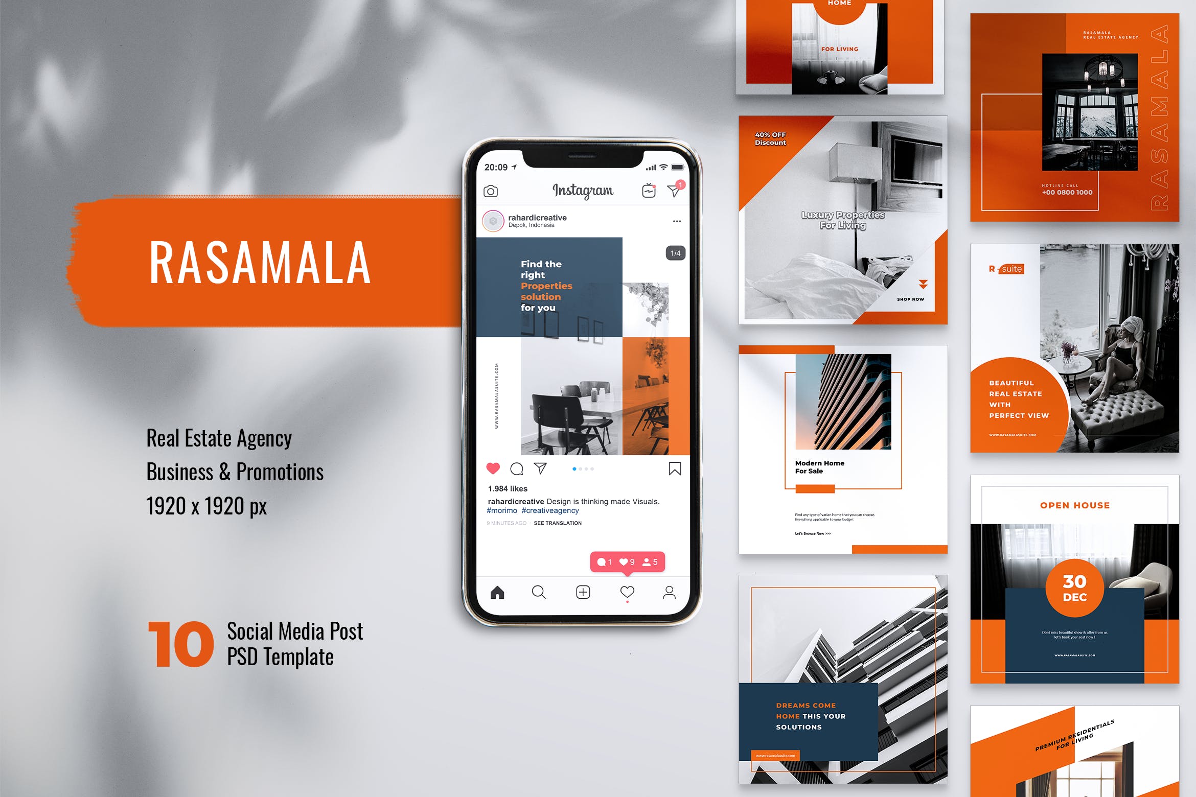房地产销售租赁Instagram&Facebook社交贴图设计PSD模板素材库精选 RASAMALA Real Estate Instagram & Facebook Post插图
