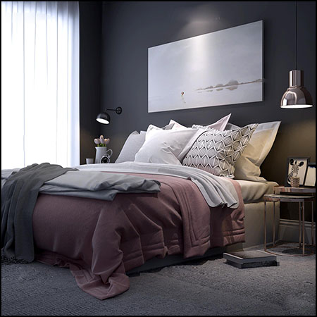 现代北欧风床山水挂画壁灯床头柜组合素材之家精选3D模型