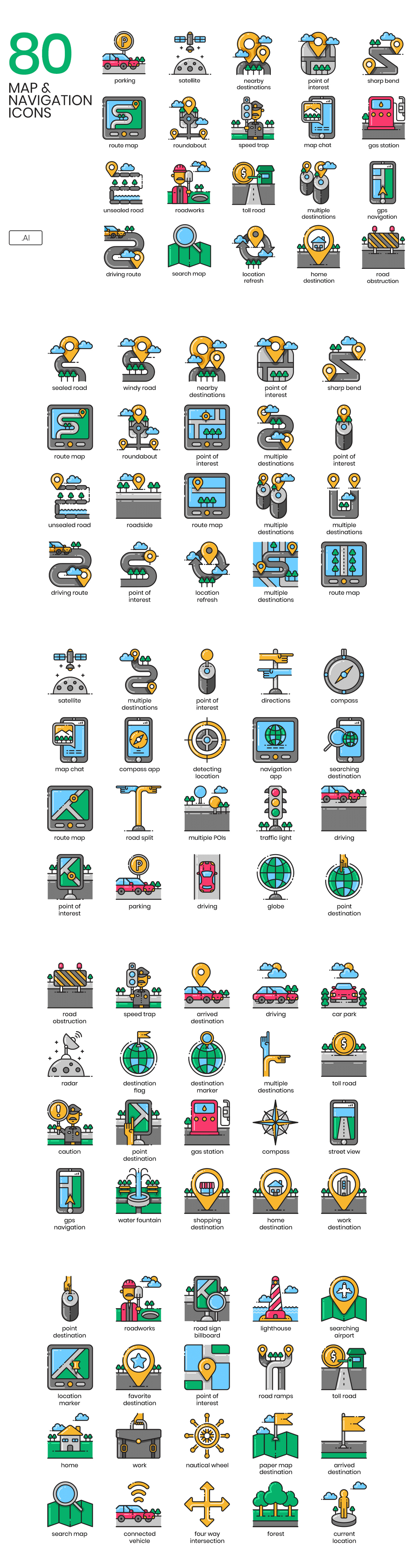有趣且绘制精良的地图导航相关功能图标套装下载[Ai]
