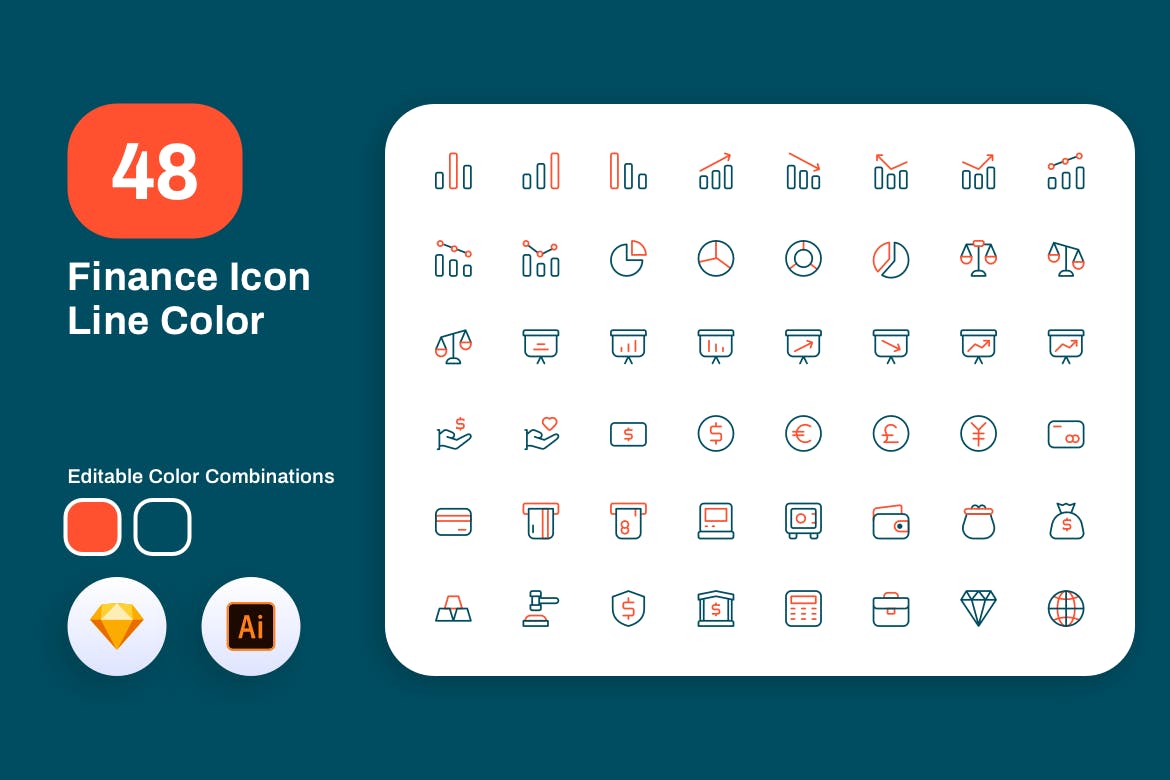 40枚金融商业主题彩色线性图标 Finance Icon Line Color插图(1)