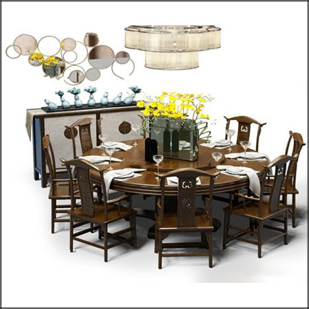 新中式实木圆形团圆桌餐桌椅边柜吊灯组合素材之家精选3D模型