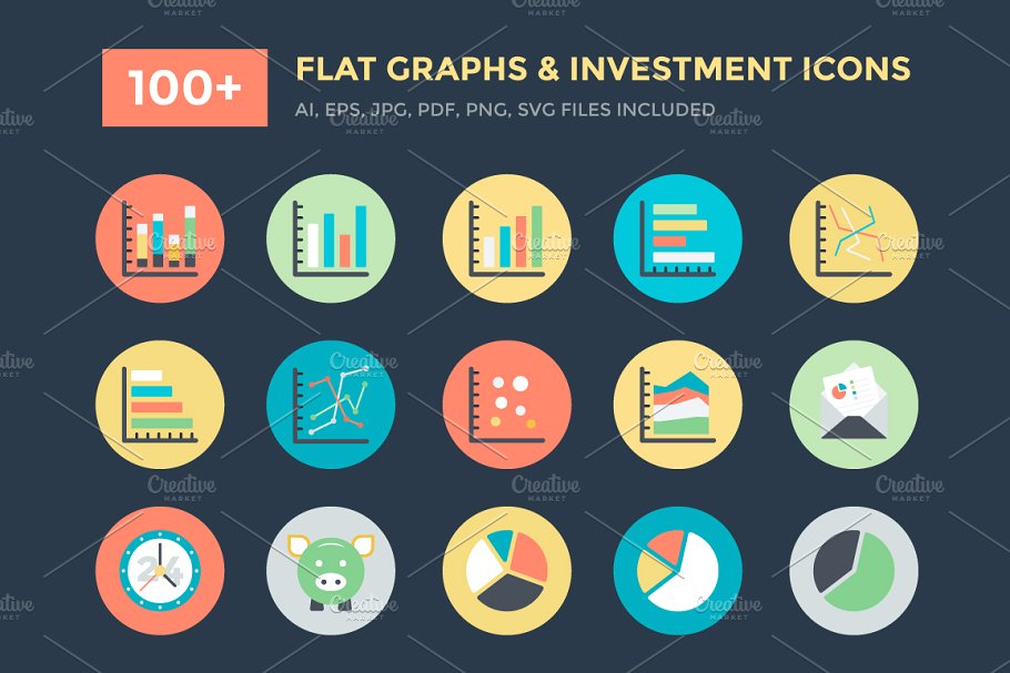 100+图表信息&投资主题图标素材 100+ Flat Graphs and Investment Icon插图