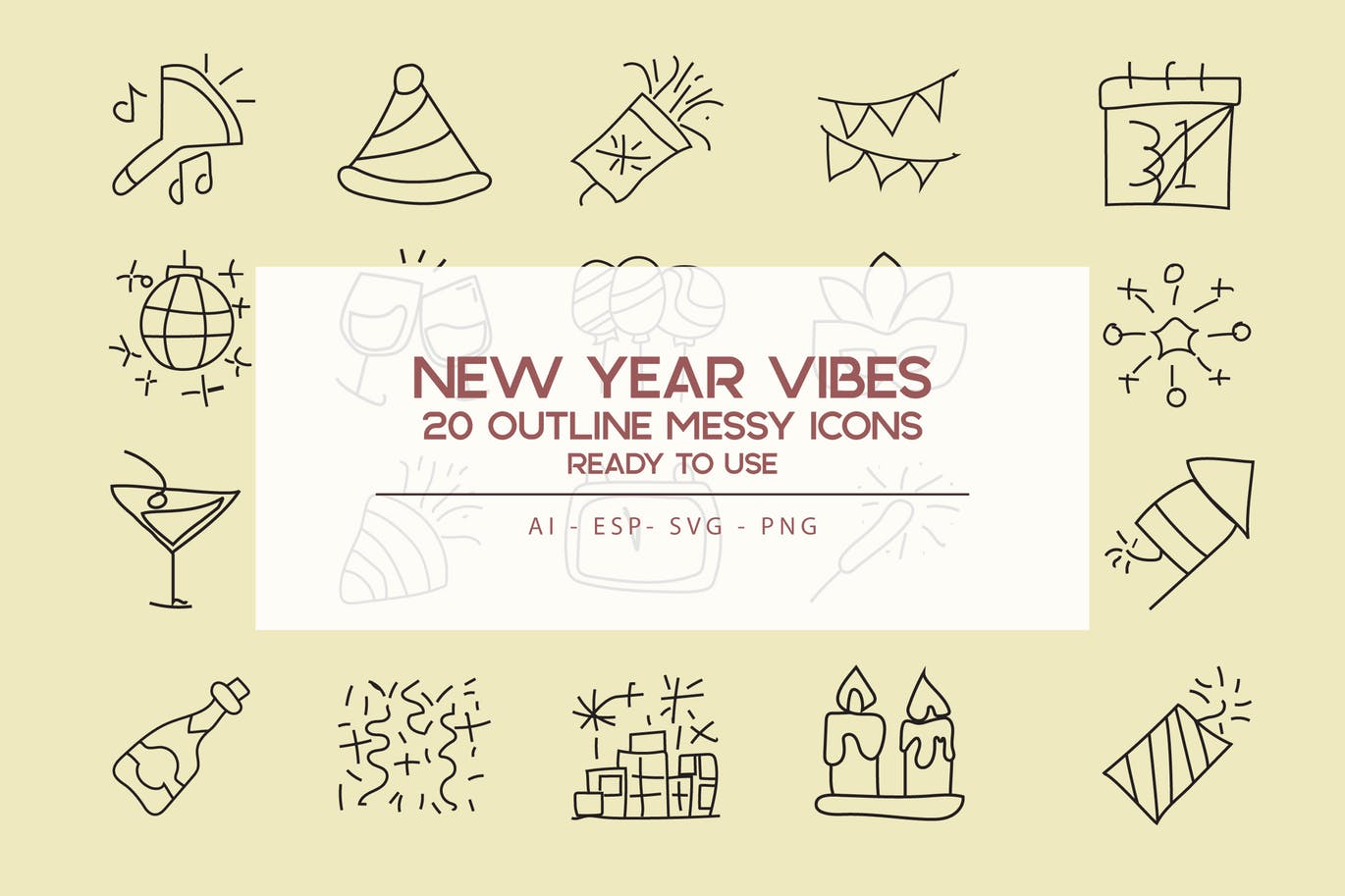 新年主题氛围实物轮廓素材库精选图标素材 New Year Vibe Outline Icon Set插图
