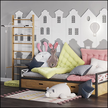 北欧儿童房木质沙发和玩具组合素材之家精选3D模型