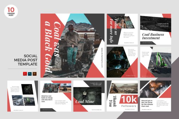 煤矿公司社交宣传PSD/AI设计模板素材库精选 Coal Mining Social Media Kit PSD &amp; AI