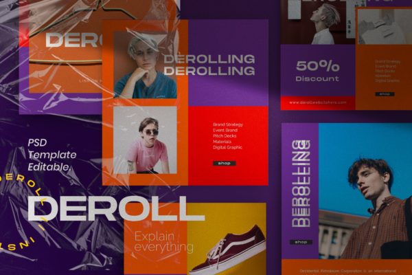 色彩主页Instagram贴图&amp;品牌故事设计素材包v1 DEROLL PACK 1- Instagram Template + Strories