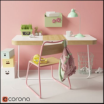 儿童书桌粉色椅子和台灯套装素材之家精选3D模型