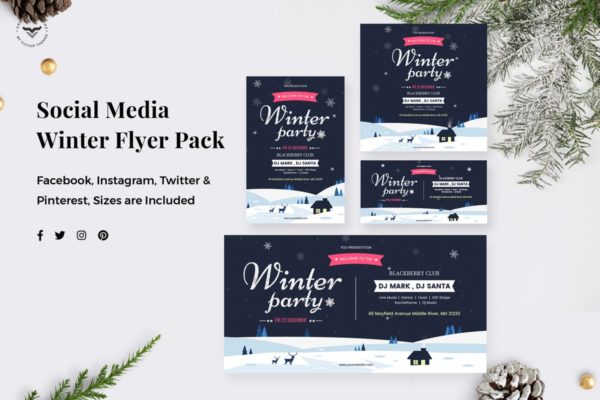 冬天主题社交媒体品牌素材库精选广告模板合集 Winter Party Social Media Pack