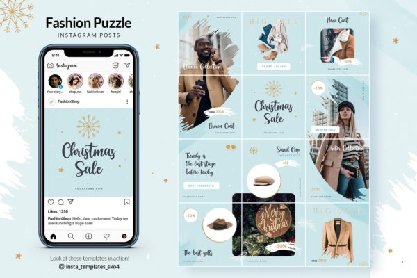 圣诞节时尚促销广告Instagram拼图风格设计模板素材库精选 Christmas Fashion Sale – Instagram Puzzle