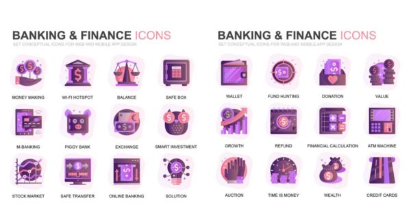 现代扁平化渐变设计风格金融&amp;银行主题图标素材