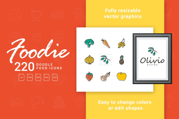 手绘卡通食品线条图标集 Foodie – Food Hand Drawn Icons