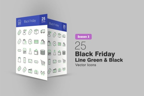 25枚黑色星期五主题绿黑色矢量线性素材库精选图标 25 Black Friday Line Green &amp; Black Icons