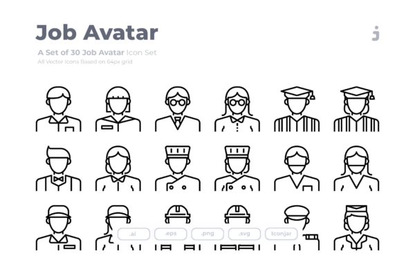 30枚工作岗位人物形象Outline风格矢量图标 30 Job Avatar Icons – Outliner