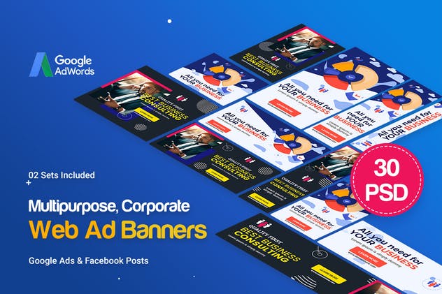 30个多用途多尺寸谷歌Banner素材库精选广告模板 Multipurpose, Business Banners Ad插图(1)