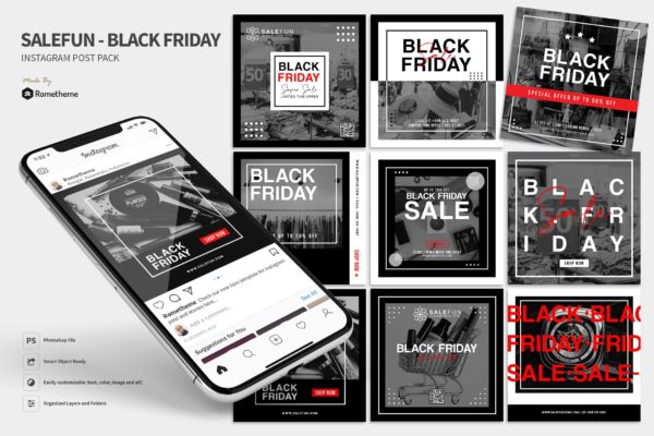 黑色星期五促销活动广告Instagram贴图设计模板素材库精选 Salefun – Black Friday Promotion Instagram Post HR
