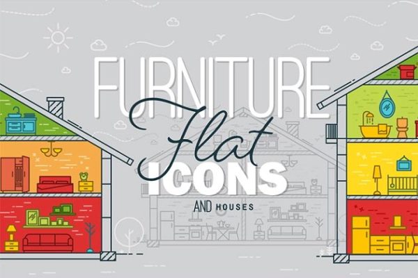 扁平风格家具图标和房屋概念图 Flat furniture icons and houses