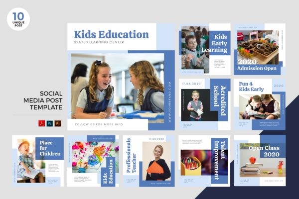 儿童教育主题社交媒体设计素材包 Children Education Social Media Kit PSD &amp; AI
