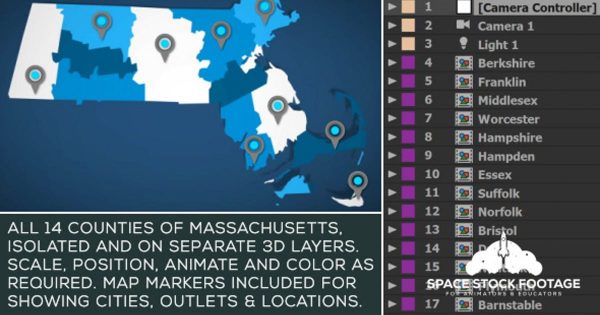 马萨诸塞州地图位置动画AE视频模板 Massachusetts Map Kit