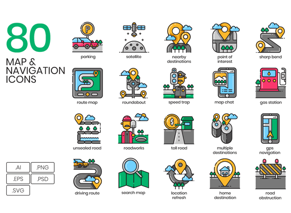 素材库下午茶：有趣且绘制精良的地图导航相关功能图标套装下载[Ai]