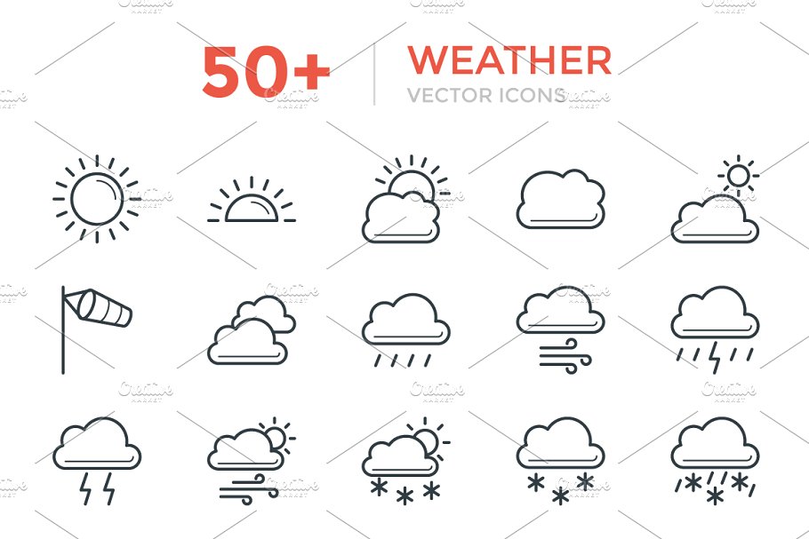 50+天气预报符号线条ico图标 50+ Weather Vector Icons插图